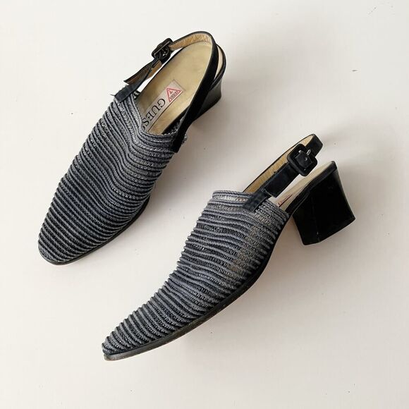 Vintage stretchy blue pointed toe elastic mules low block heel 90s Guess 8.5 - Picture 1 of 7